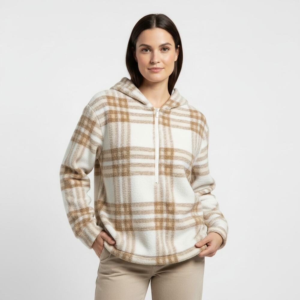 Joie Plaid Fleece Lined Hoodie‎ Quarter Zip Pullover M M Tan Cream Casual